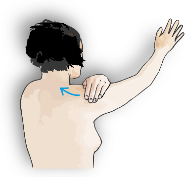Tegning af person som holder venstre hånd på højre fremstrakte arms skulder. Der er tegnet en pil hen ad nakken