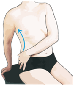 Tegning af person der holder hånd på højre hofte, der er tegnet en pil opad mod armhulen