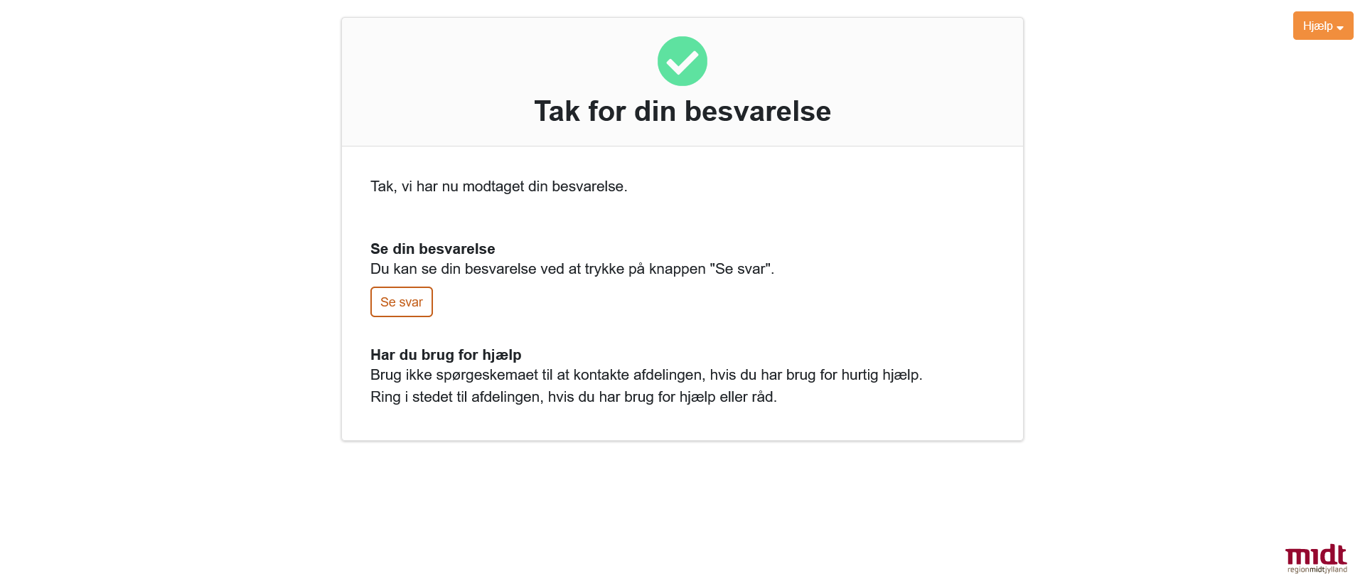 Skærmbillede med kvittering for besvarelse