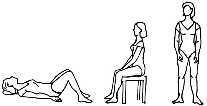 Tegning af kvinde i liggende, i siddende og stående stilling