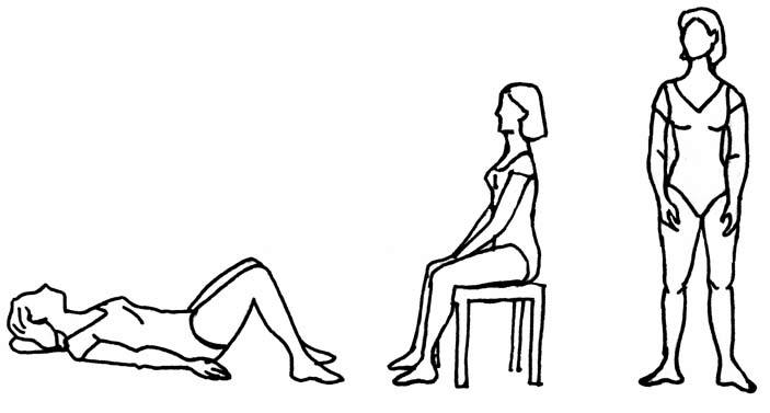 Tegning af kvinde i liggende, i siddende og stående stilling