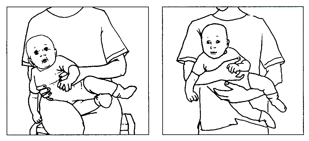 Tegninger af børn som tippes skråt til venstre både i siddende og i bærestilling