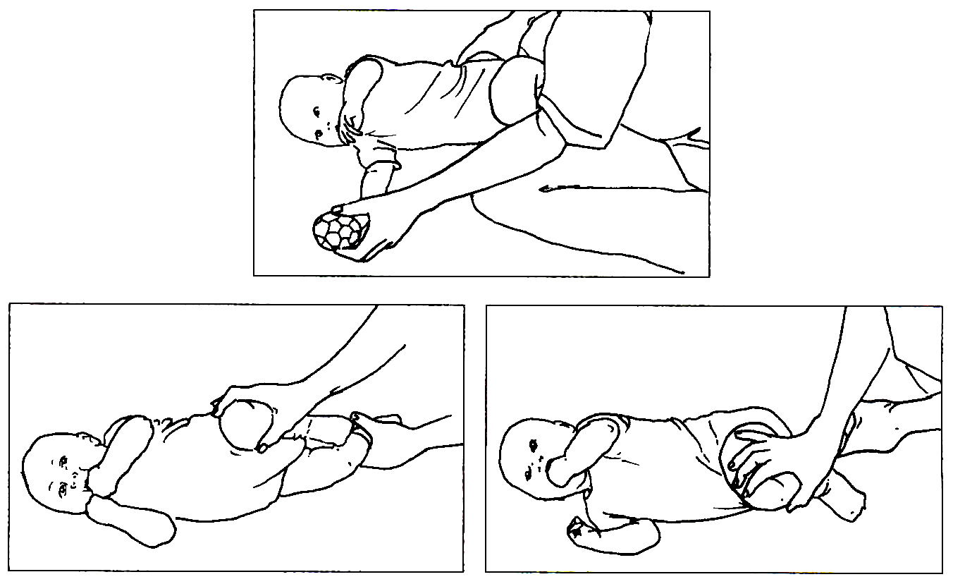Tegninger af et barn som ligger på siden eller bliver skubbet på benene for at rulle omkring