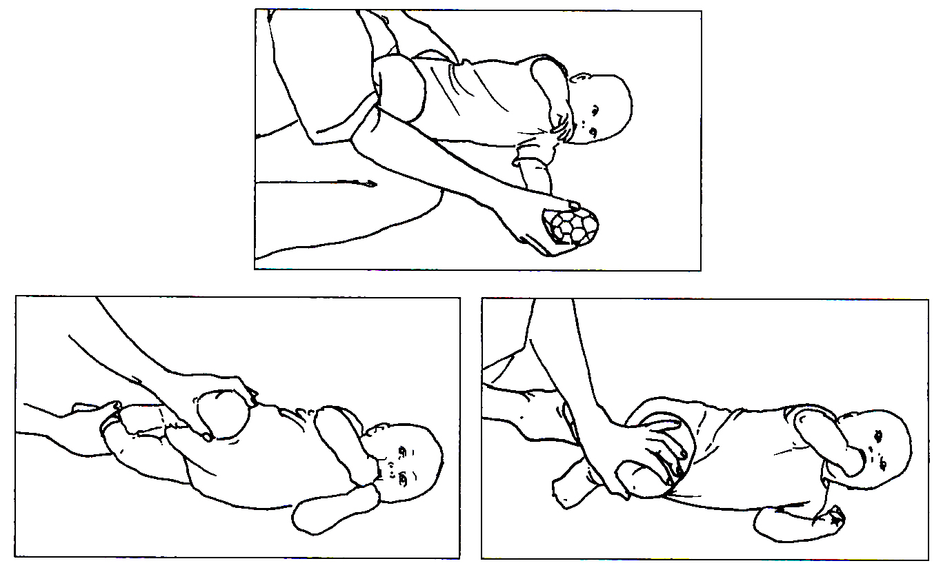 Tegninger af børn, hvor den voksne stimulerer til rulning, enten vha legetøj og skub på benet