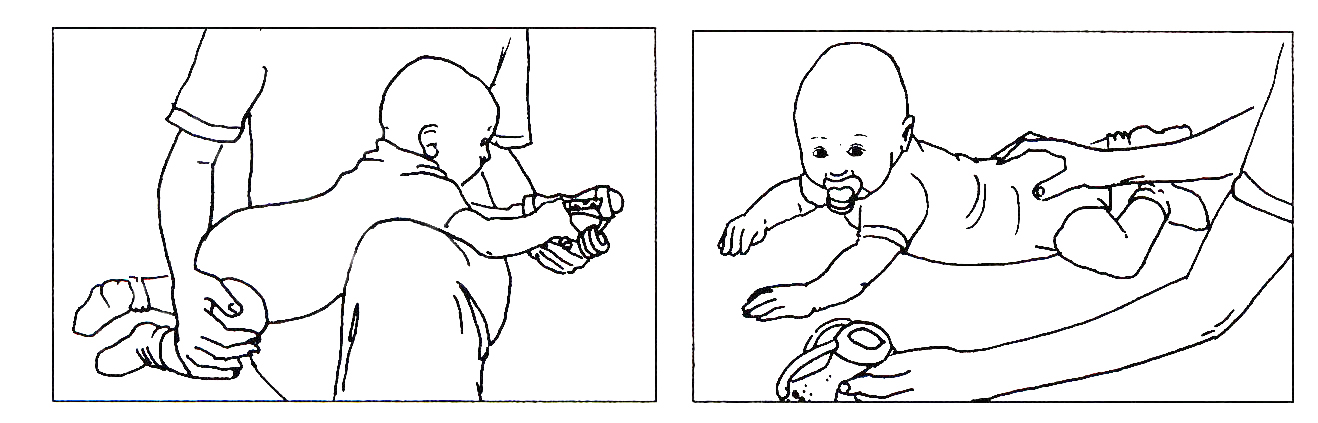 Tegning af barn der ligger på maven hen over knæene og tegning af barn der ligger på gulvet på maven