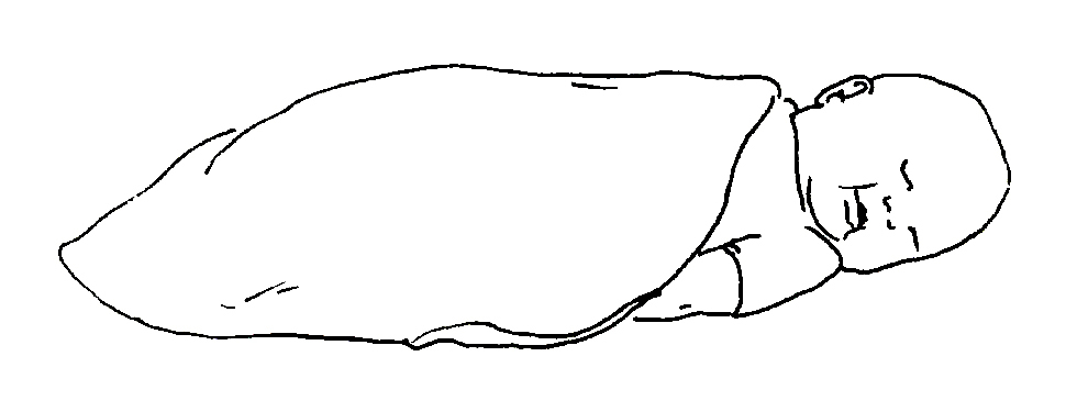 Tegning af barn der sover på ryggen med drejet hovede