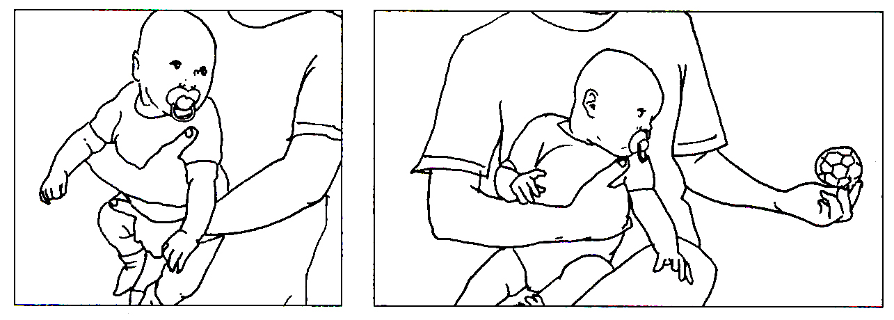 Tegninger af barn der sidder med ryggen ind mod den voksnes bryst og drejer hovedet mod venstre