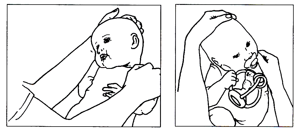 Tegninger af liggende børn, hvor en voksen bøjer hovedet mod højre 