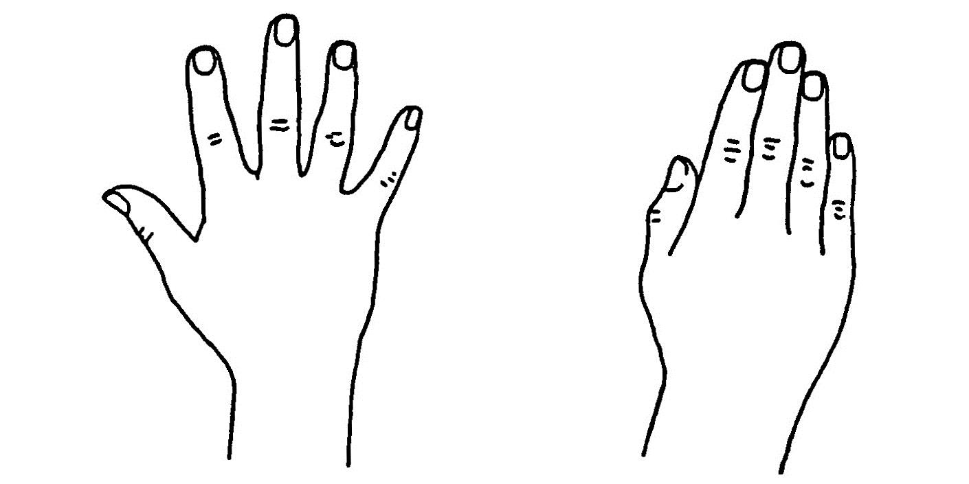 En hånd som spreder fingrene og en hånd som samler fingrene