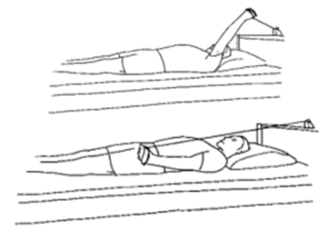 Rygliggende person har med strakt arm fat i elastik bundet til hovedgærdet. Personen trækker i elastikken ved at føre den strakte arm frem og ned.