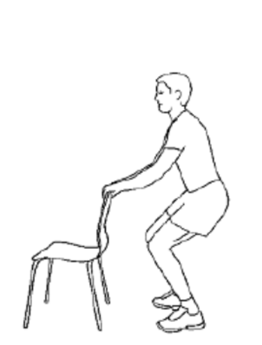 Tegning af mand stående bag en stol, som bøjer ned i knæbøjning