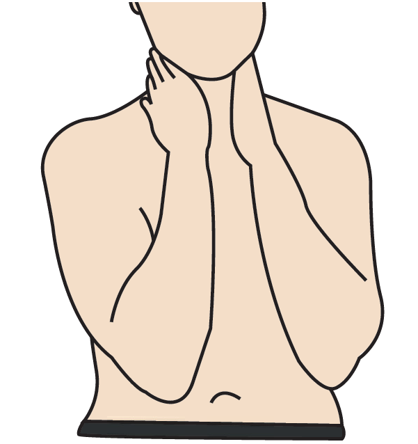 Tegning af person med hænder på begge sider af halsen