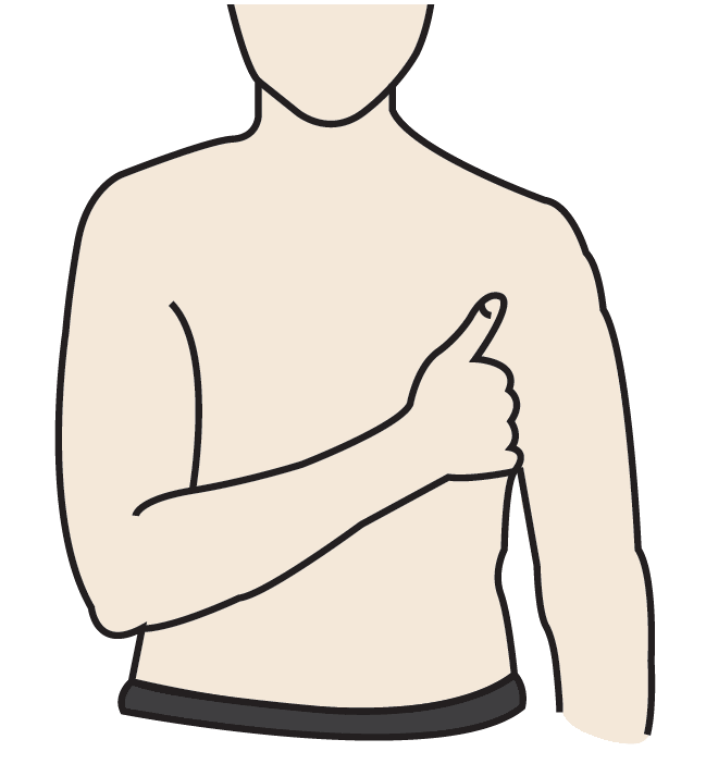 Tegning af person med en hånd under modsatte armhule