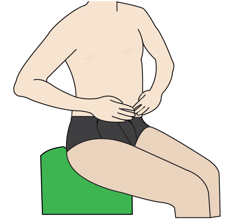 Tegning af siddende person med begge hænder på maven