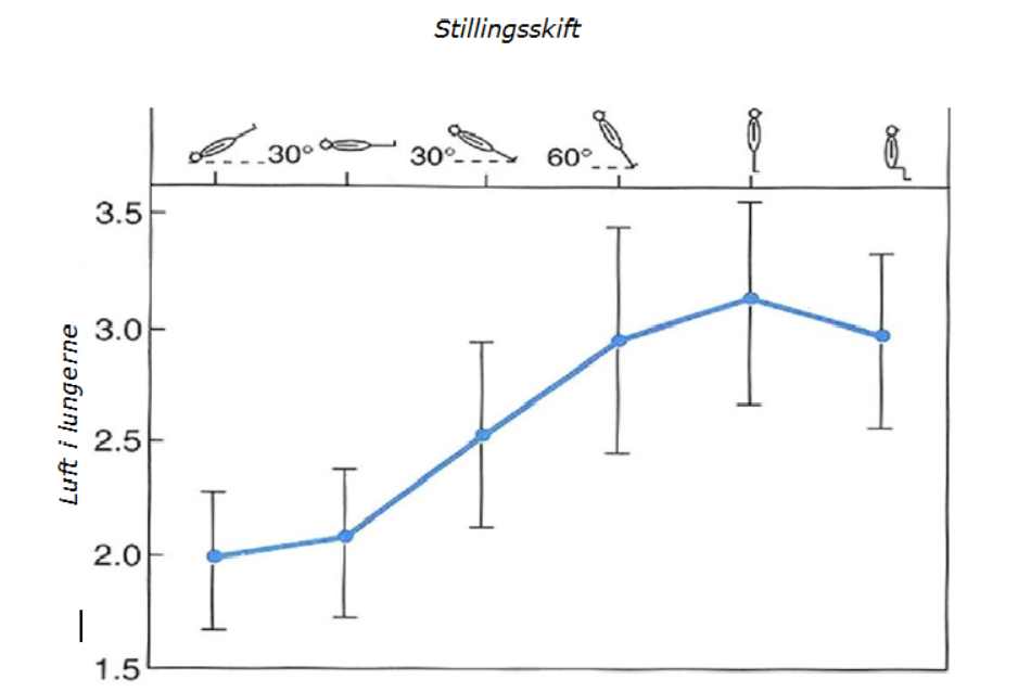 Figur med en graf som viser, jo mere opret stilling, jo mere luft i lungerne