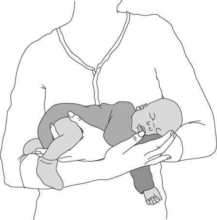 Tegning af baby som bæres liggende på maven tæt ind til den voksnes krop