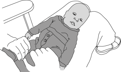 Tegning af baby der ligger på skødet af en voksen, som har fat omkring benene