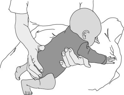 Tegning af baby som ligger på maven skråt op af pude