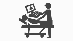 Illustrationa af patient i seng og personale ved sengen