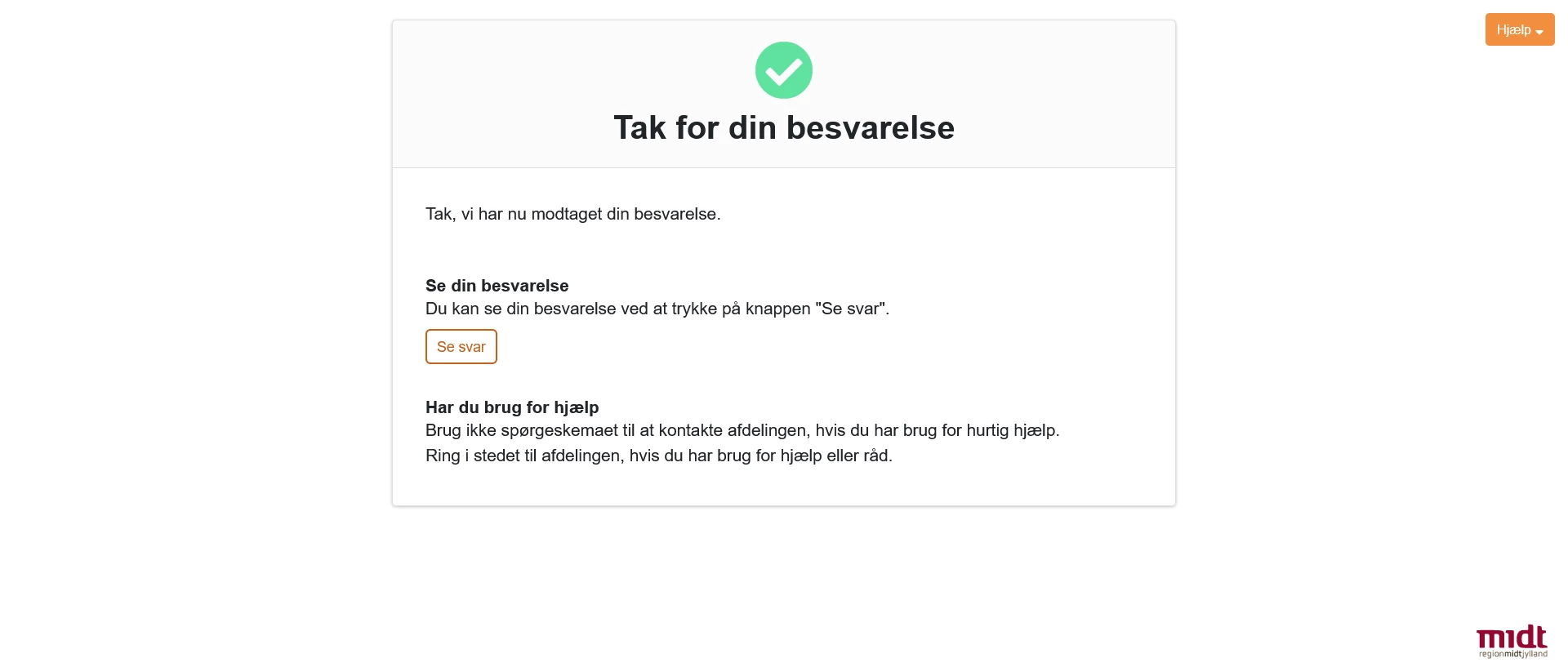 Skærmbillede med kvittering for besvarelse