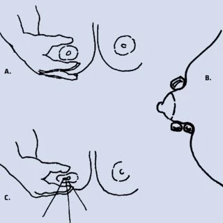 Illustrationen viser, hvordan tommel-, pege- og langefinger blidt klemmer sammen om brystvorten, så der kommer mælk ud. Illustrationen viser også, set fra siden, hvordan fingrene er placeret på det brune område rundt om brystvorten.
