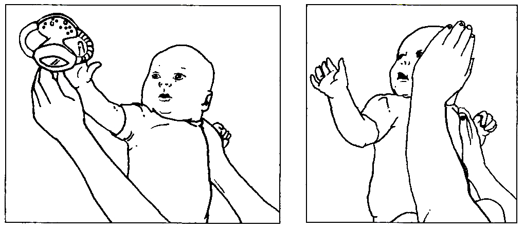 Tegninger af barn som aktivt drejer hovedet mod højre efter legetøj og af barn hvor hånd passivt drejer hovedet til højre