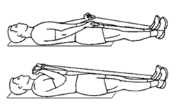 Rygliggende person med lang elastik ned om fødderne, har fat med begge hænder i elastikken.. Personen bøjer i begge arme og strækker derved i elastikken